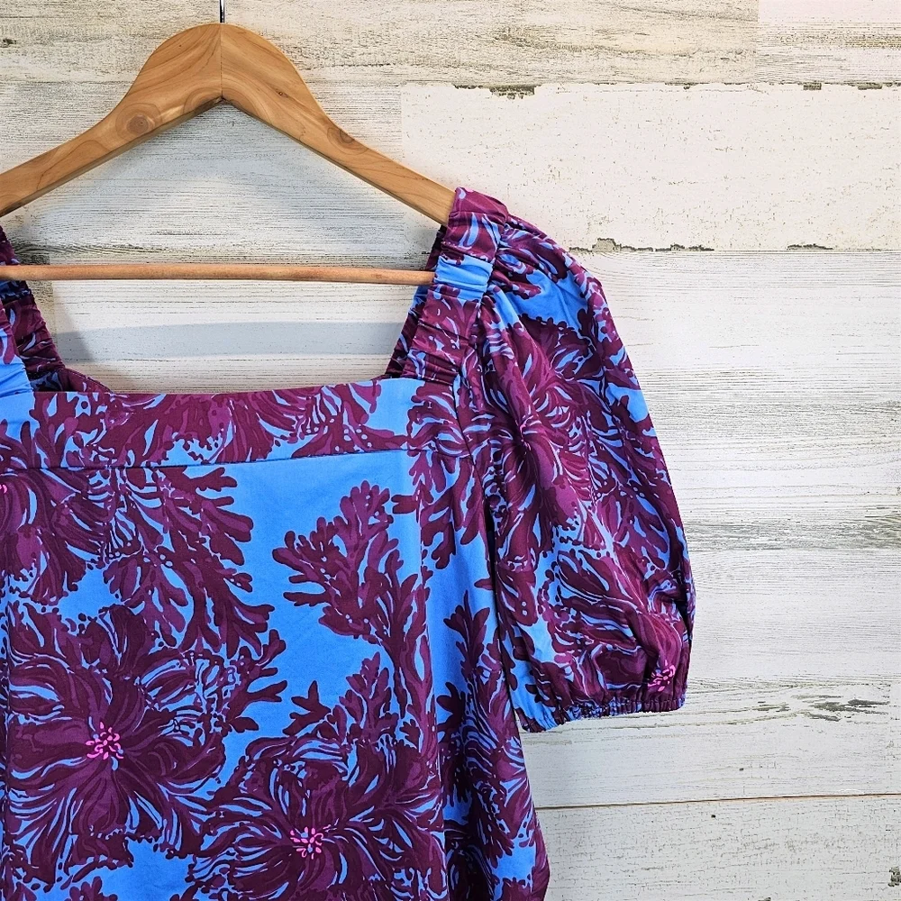Lilly Pulitzer Torrey Floral Tie Back Top 10 Stretch Poplin Puff Sleeves Preppy